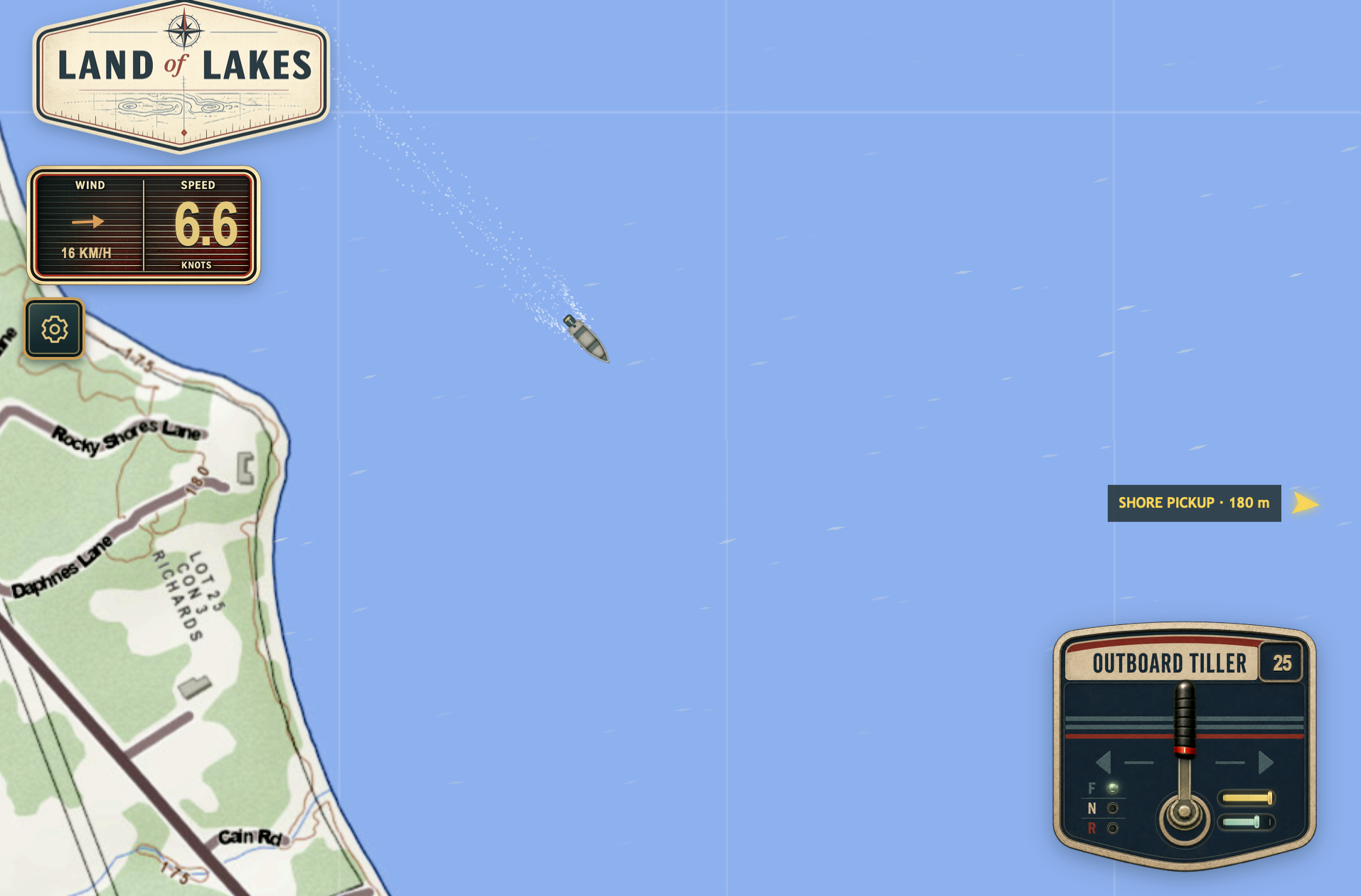 Land of Lakes gameplay screenshot showing the map, boat, wind panel, and outboard tiller interface.