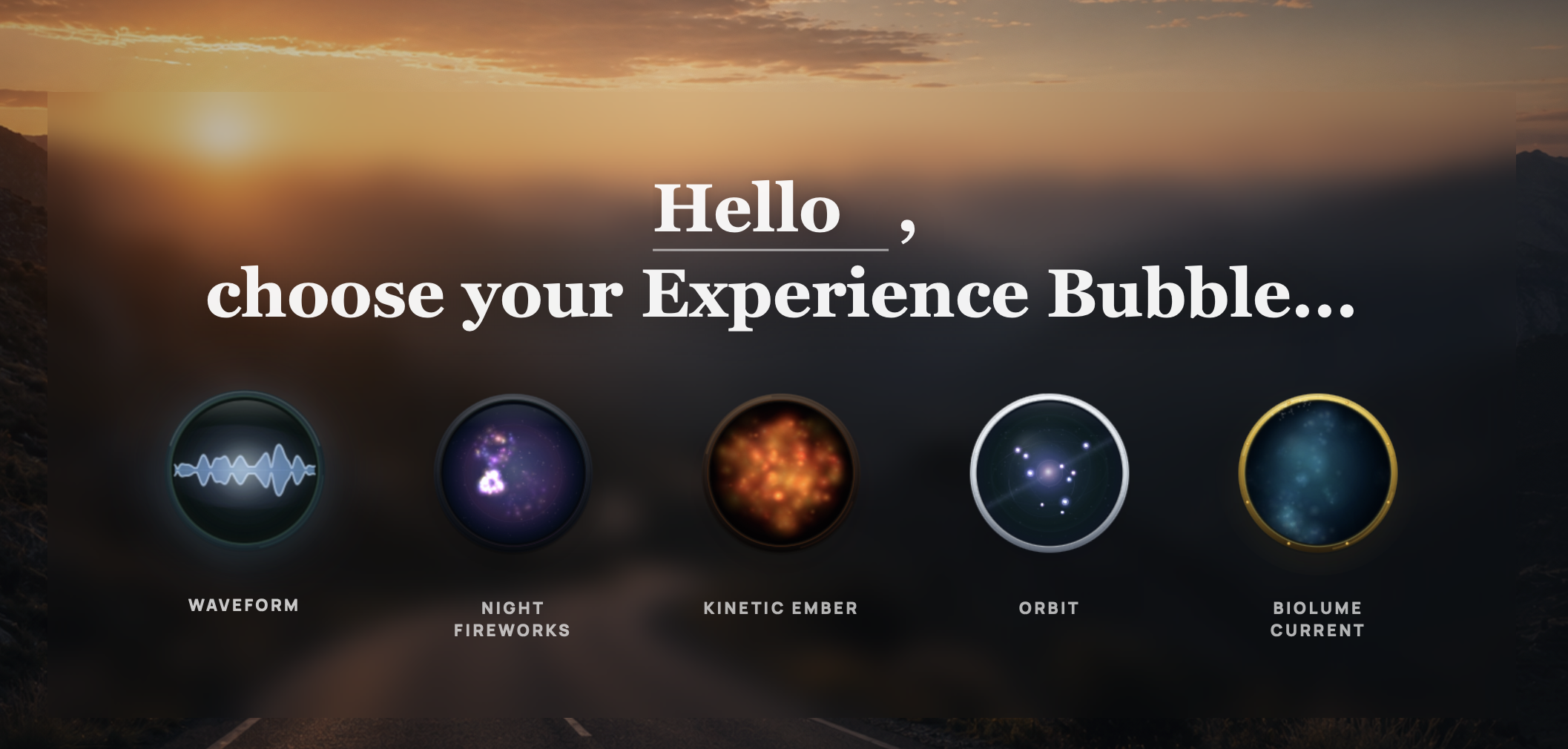 Waveform experience bubble selection screen with five circular visual modes.